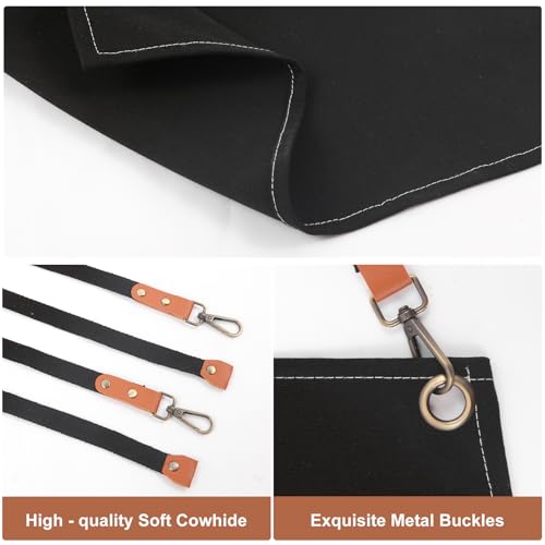 Men's Canvas Tool Apron, Heavy Duty Multi-Pocket Work Apron for Woodworking Gardening Bartender Adjustable Straps - color: Black