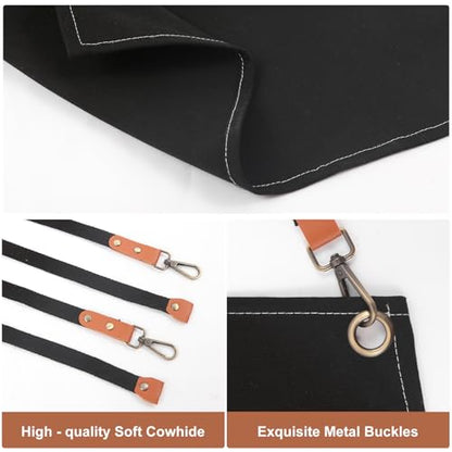 Men's Canvas Tool Apron, Heavy Duty Multi-Pocket Work Apron for Woodworking Gardening Bartender Adjustable Straps - color: Black