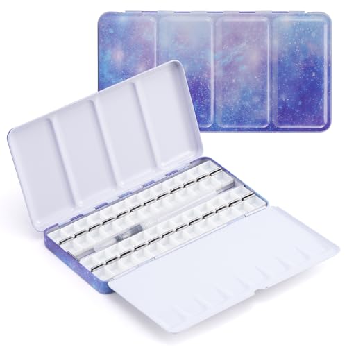 PEVART Empty Watercolor Paint Palette Case, Metal Water Color Tin Box with 52 Half Pans and Fold-Out Mixing Painting Tray-Portable Travel Watercolor Palette, Plain Air Painting - color: Purple, size: 52 Half Pans