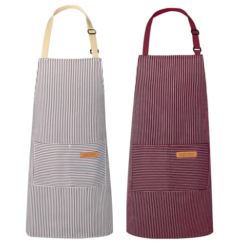 VALOME 2 Pack Kitchen Aprons with Pockets, Cooking Chef Apron for Men Women | Adjustable Neck Strap, Unisex Bib Soft Aprons, Cotton-Blend, for Grilling Cooking Gardening Baking - color: Brown & Red