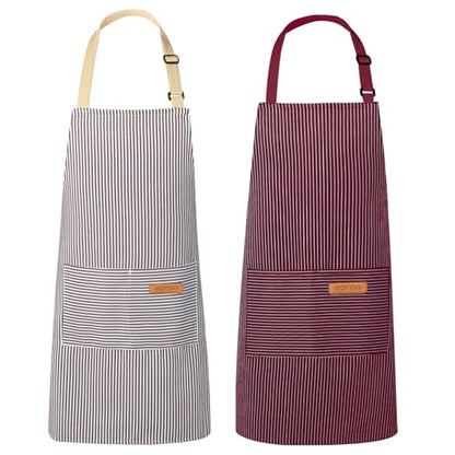 VALOME 2 Pack Kitchen Aprons with Pockets, Cooking Chef Apron for Men Women | Adjustable Neck Strap, Unisex Bib Soft Aprons, Cotton-Blend, for Grilling Cooking Gardening Baking - color: Brown & Red