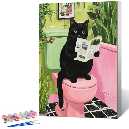 Framed Paint by Numbers Kit for Adults, Black Cat Bathroom Decor 8x12 Inch | Paint by Number with Frame, DIY Acrylic Painting Kit for Relaxation, Easy for Beginners, Wall Decor Gift for Cat Lovers - color: OPFUS2508-05