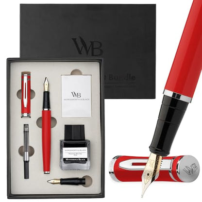 Wordsworth & Black Fountain Pen Gift Set, Medium & Extra Fine Nib, Red | For Men & Women, Brass Body, 18K German Iridium, Ink Bottle + 6 Cartridges, Converter, Writing & Calligraphy, Journaling - color: Red Chrome