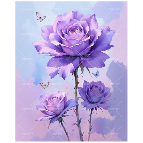 Botanical Paint by Numbers Kit for Adults - DIY Purple Rose Flowers with Butterflies Painting on Canvas, Acrylic Paint Set, Suitable for Beginners, Art for Home Decoration or Gifts(8X12IN Framed) - color: HSX00318, size: 8X12IN Framed