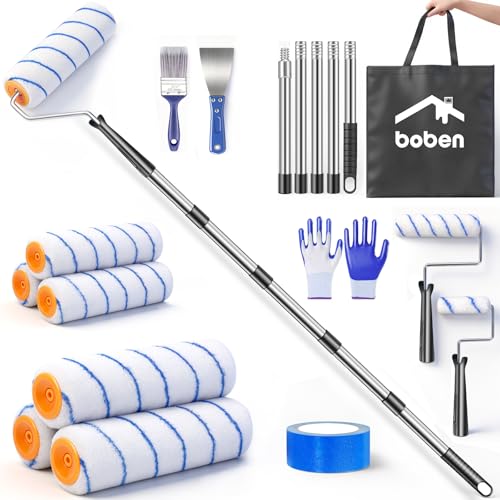 BOBEN 18PCS Paint Roller Set, Adjustable Pole 1-6ft, 4"/9" Roller Frames & Brushes – for Home, Ceiling, Wall Painting with All Paints & Stains