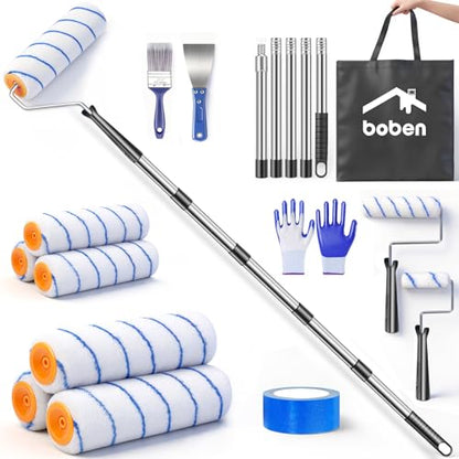 BOBEN 18PCS Paint Roller Set, Adjustable Pole 1-6ft, 4"/9" Roller Frames & Brushes – for Home, Ceiling, Wall Painting with All Paints & Stains