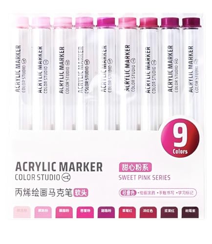 Pink Acrylic Paint Pen Markers, 9 Colors Soft Brush Tip Paint Pens for Wood Glass Eggs Rock Painting Canvas Stone Fabric DIY Crafts Making Art Supplies (Pink) - color: Pink