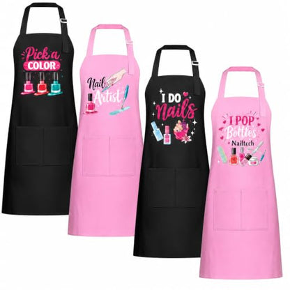 4 Pack Funny Nail Tech Aprons for Women, Waterproof Smocks with Pockets | Four fun nail artist aprons with adjustable neck straps and 2 roomy pockets for salons, beauty schools and home manicures