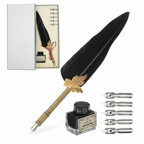 PATIKIL Feather Quill Pen Set, 1 Set Vintage Feather Calligraphy Pen Fountain Dip Pen Set with Ink, Pen Holder and Replacement Nibs for Beginner Writer Writing Gift, Black(Silver Box) - color: Black