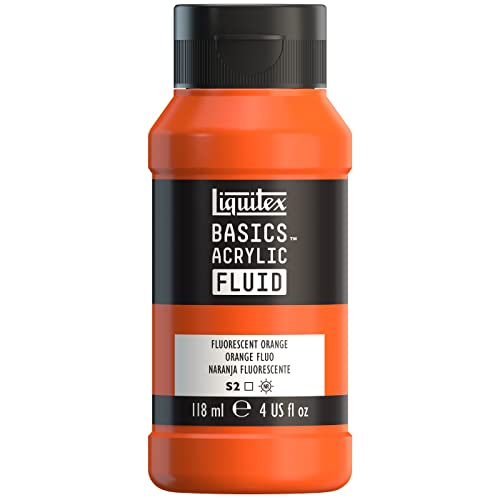 Liquitex BASICS Acrylic Fluid Paint, 4-oz Bottle, Fluorescent Orange | Super Versatile, Fine Art Pigments; Fluid Consistency, Vibrant satin colors, Permanent, Lightfast, Water-Resistant Finish - color: Fluorescent Orange, style: 118ml (4-oz)