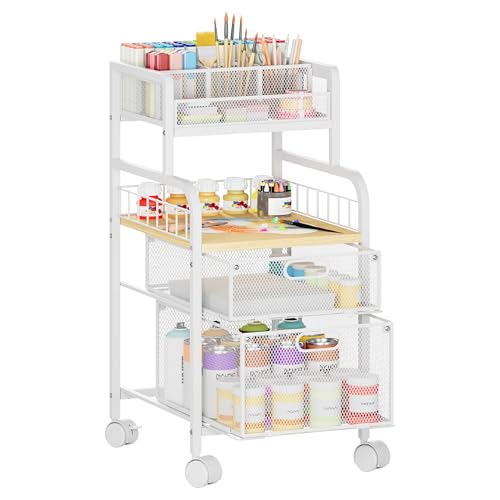 SWTYMIKI Rolling Cart with Drawers - Metal Craft Cart with Wheels, DIY Divider and Wood Shelf, Art Supply Organizer for Under Desk Storage, Utility Storage Cart for Home Office Studio, White - color: 4 Tiers-White, size: 4 Tiers