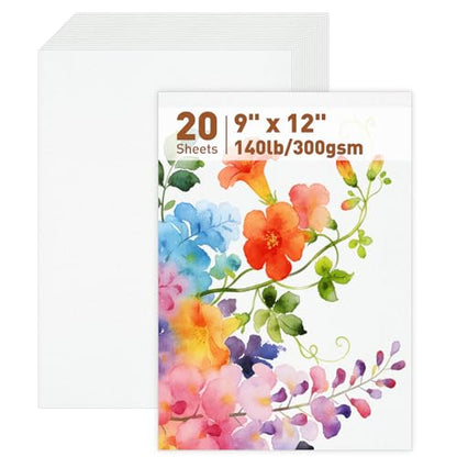 MAXECHO 20 Sheets Cold Press Watercolor Paper, 9" x 12" Cotton Water Color Drawing Paper, 140lb/300gsm Loose Acrylic Painting Artist Sketch Sheets, Art Supplies for Adults, Watercolor Paint Set