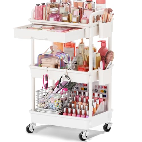 Goovilla Rolling Makeup Organizer Cart with Removable Drawer, 3 Tier White | Stable Floor Skincare Storage Cart for Vanity, Cosmetic Display, Nail Polish, Perfume, Hair Stuff, Beauty, Bathroom(Plastic) - color: White, size: 3 Tier
