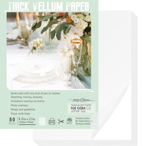 JAGERGREEN 50 Sheets 8.5x11 Inches Vellum Paper 100GSM | Thick Translucent Printable Vellum Sheets for Invitations, Tracing, Sketching & DIY Crafts - size: 50 PCS