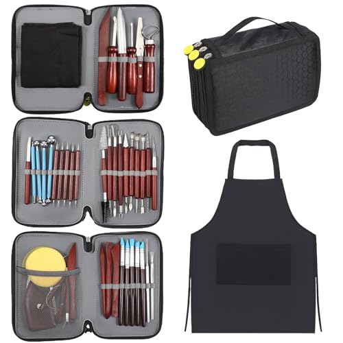 42 Pcs Pottery Tools Pottery Sculpting Tool, Potterys Kit, Clay Sculpting Tools, Ceramics Tool Set with Carrying Case Bag and Apron, for Potterys Wheel, DIY Arts and Crafts - color: Reddish-brown