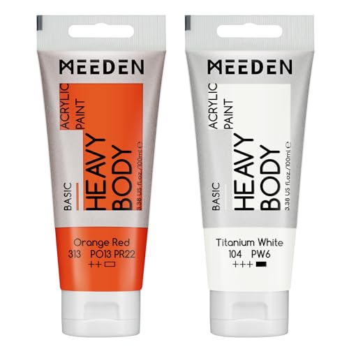 MEEDEN Acrylic Paint Orange Red: 100ml/3.38oz x 2 with Titanium White | Heavy Body Artist Acrylic Paint Set for Canvas, Wood & Craft, Non-toxic Creamy Art Paint with Titanium White for Mixing - color: Orange Red, size: 2 Tubes