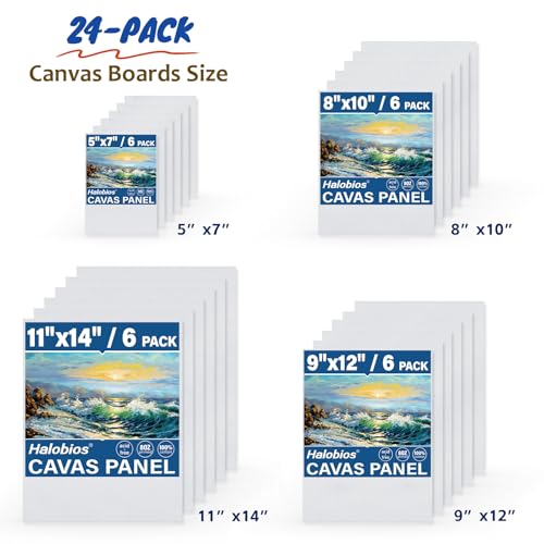 Halobios 24-Pack Canvas Boards for Painting, 6 of 5x7 8x10 9x12 11x14 Canvas Panels for Kid & Adults 100% Cotton Gesso Primed Art Painting Supplies for Acrylic, Oil, Tempera & Watercolor - size: 24 Mixed Packs