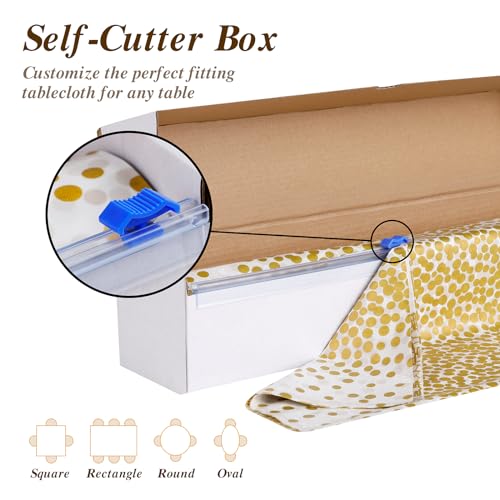 Goodluck 54 Inch X 300 Feet Plastic Table Cloths with Cutter Box, Gold Disposable Table Cover Roll, Plastic Tablecloth for Party, Wedding, Birthday, Anniversary, Event, White Gold Dot - color: White Gold Dot, size: 15.4" x 5.5" (Rectangular)