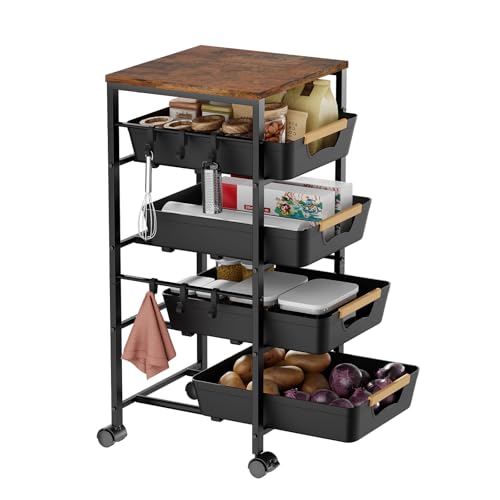 5-Tier Kitchen Storage Cart, Wood Top Rolling Cart Organizer with Pull-Out Baskets & Wheels, Metal Snack Cart with Holder for Fruit, Vegetable, Microwave, Kitchen, Pantry, Black - color: Black, size: 12.8" W × 14.37" D × 32.28" H