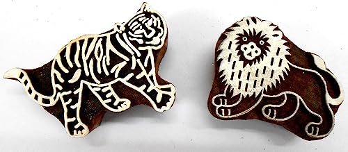 Lion Tiger Wooden Blocks Stamps for Printing on Textiles, Pottery Crafts,Henna, Scrapbooking (Set of 2) - size: Pack # 107