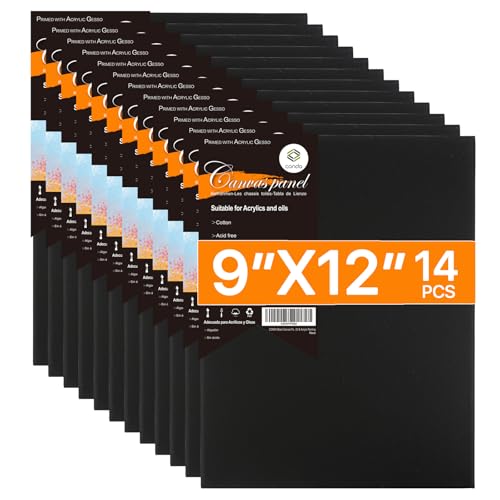 CONDA Black Canvases for Painting 9x12 inch, Pack of 14, 100% Cotton Acid-Free, 8 oz Gesso-Primed, Canvas Panels, Art Boards for Oil & Acrylic Painting - size: 9"x12"
