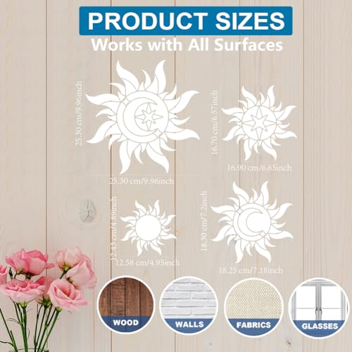 MAYJOYDIY Sun Stencil 6~12inch 4 Sizes Sun Moon Star Stencil with Paint Brush Dazzling Boho Sun Stencil for Painting on Furniture Wood Canvas Paper Wall - color: 4 Sizes Sun Moon