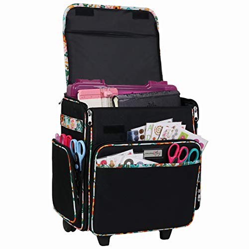 Everything Mary Rolling Scrapbook Tote – Black & Floral Trim Craft Bag with Wheels – Storage Organizer for Scrapbooking, Papercraft, Art Supplies & Craft Tools - color: Black & Floral Trim