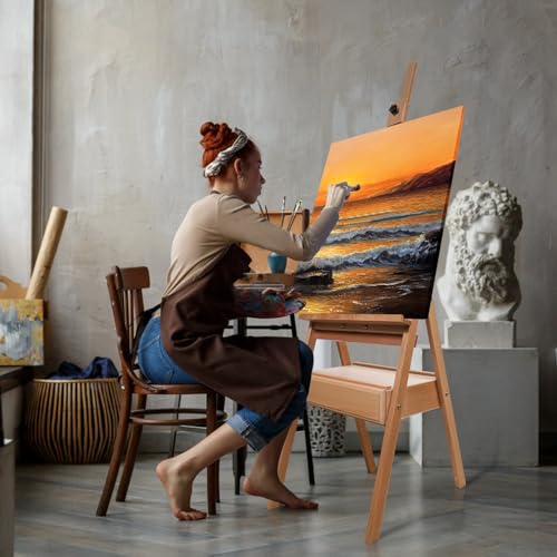 Beech Wood H-Frame Easel, 59"–75" Adjustable Height Studio Easel with Drawer & Shelf, 41" Canvas Holder 20KG Load, Heavy Duty Art Easel for Adults Artists Students Painting Display - color: EASEL-A