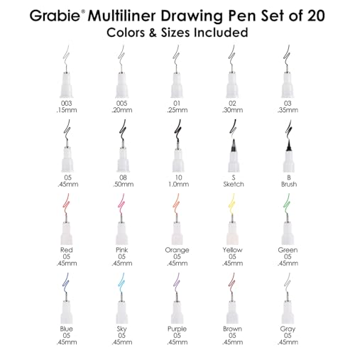 Grabie Micro Fineliner Pens, Set of 20 Multicolor Waterproof Drawing Pens | Waterproof Pigment Ink, Assorted Tip Sizes, Precision Fine Lines, Metal-Clad Nibs, Smooth Ink Flow, Smudge Resistant - color: 20-Multicolor
