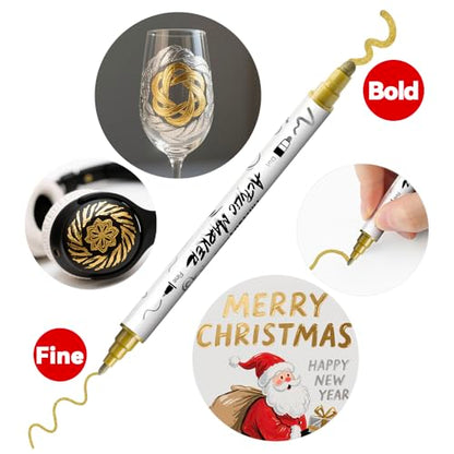 TRANSON 3 Gold, 3 Silver, 1 Black and 1 White Paint Markers Bold and Fine Dual-tip Acrylic Paint Marker Set for Rock Painting Glass Canvas Wood Leather Ceramic Painting - style: Bold and Fine 3 Gold 3 Silver 1 Black and 1 White