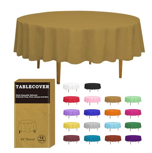 D&Z 12 Pack Gold Disposable Plastic Tablecloth, 84" Round Table Cover - color: Gold, size: 12 Pack 84" Round