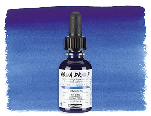 Schmincke - AQUA DROP, liquid, pigment-based watercolour, ink blue in 30 ml pipette bottle, 24430034, for watercolorpainting, urban sketching, calligraphy, handlettering, lightfast - color: 430 Ink Blue