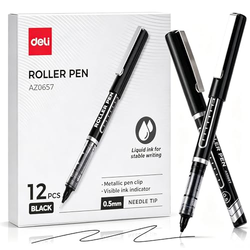 deli Rollerball Pens 0.5 mm Fine Tip Pens, Black Ink Pens 12 Pack