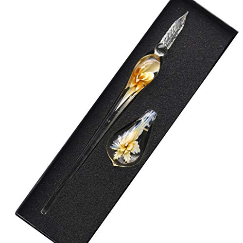 Crystal Glass Intarsia Dip Pen Fountain Pen Kit Vintage Calligraphy Signatures Pen, Yellow - color: Yellow