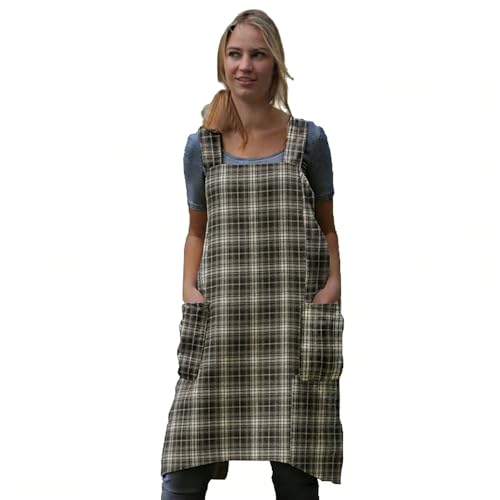 Women's Pinafore Square Apron Baking Cooking Gardening Works Cross Back Cotton/Linen Blend Dress with 2 Pockets - color: Gingham-black, size: XX-Large