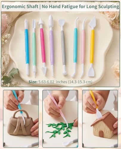 17-Piece Polymer Clay Tools Kit, Acrylic Roller Pin & Clear Square Press Board, Double-Ended Pottery Sculpting Modeling Tools with Scrapers for Beginners DIY Craft