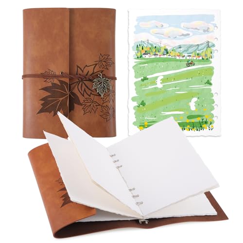 Watercolor Journal, 24 Sheets, 5.5 x 8.1 in, Khaki Leather Cover - color: Light Brown