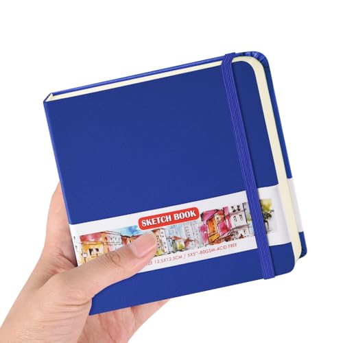 5x5 Pocket Sketch Book,80gsm Hardcover Art Sketchbook for Drawing Journal | PU Cover,Blank Paper,96Sheets/192Pages,Lay-Flat,Portable Travel Creation Paint Diary Memo Planner,Dry Media.Sapphire Blue - color: PU Cover-5x5in-Sapphire Blue