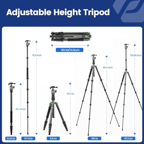 Fotopro 60" Carbon Fiber Camera Travel Tripod, 2lbs Super Lightweight Compact Tripod with 360° Metal Ball Head, Detachable Monopod, with Arca QR Plate & Bag, Load up to 8KG/17.63lbs, for SLR DSLR - color: Green, size: 62" Basic (Carbon Fiber)