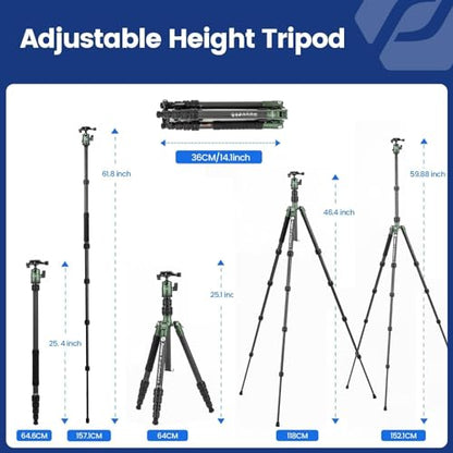Fotopro 60" Carbon Fiber Camera Travel Tripod, 2lbs Super Lightweight Compact Tripod with 360° Metal Ball Head, Detachable Monopod, with Arca QR Plate & Bag, Load up to 8KG/17.63lbs, for SLR DSLR - color: Green, size: 62" Basic (Carbon Fiber)