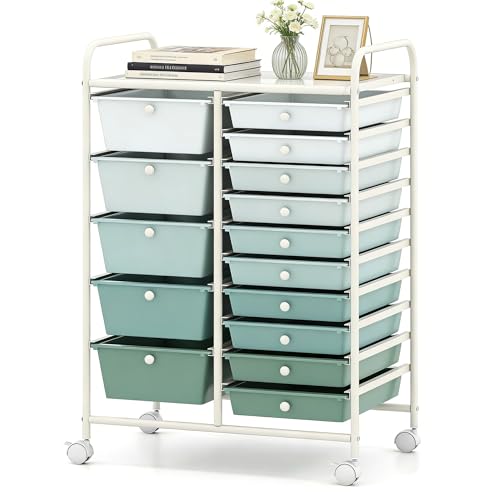 COSTWAY 15 Drawer Rolling Storage Cart, Mobile Storage Organizer | Removable Drawers & Metal Frame, Multipurpose Utility Tools Paper Organizer on Wheels for Home, Office (Green Gradient) - color: Green Gradient, size: 15 Drawer