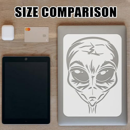 FINGERINSPIRE 2PCS Alien Stencil Set Reusable Alien Head & Alien Code Template for Painting on Wall, Wood, Canvas, Fabric Sci-Fi Theme DIY Art Stencils