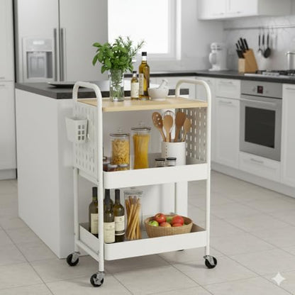 3 Tier Rolling Cart with Wooden Table Top, White Rolling Utility Cart with DIY Pegboards & Locked Wheels, Easy Assembly for Nursery, Living Room, Studio - color: White