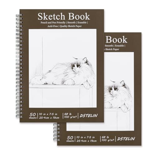 DSTELIN 2 Pack 10" x 7.5" Spiral Bound Art Sketchbook, 50 Sheets 68LB/100GSM Acid-Free Thick Paper, Sketch Pads with Cardboard Backing for Artists and Students