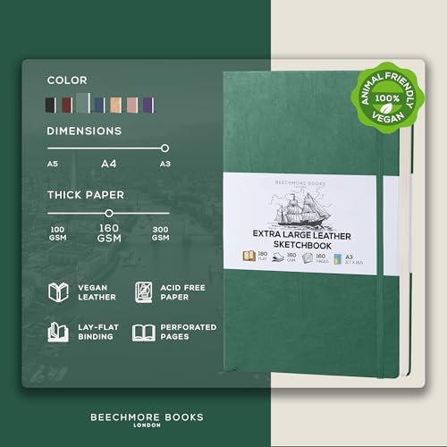 Beechmore Books A3 11.7x16.5 Mixed Media Sketchbook 160 GSM/98lb, Gift Box | Hardcover Drawing Pad with Lay-Flat Binding, Extra Large Perforated Ivory Paper for Studio Drawing & Watercolor Work - color: Dartmouth Green, size: A3 - 11.7" x 16.5" Extra Larg