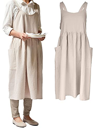 Women Girls Cross Back Apron Gardening Works Cotton Aprons Pinafore Dress - color: Beige