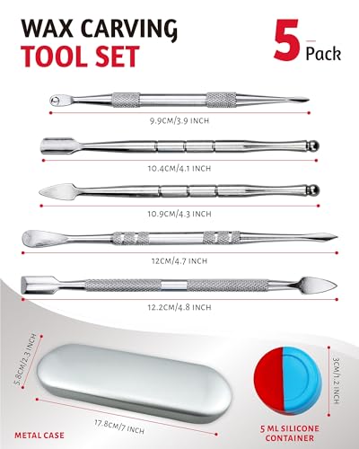 YETOOME 6 Pcs Wax Carving Tool Set with 5 ml Silicone Container and Portable Metal Case, Double-Ended Carving Tool Stainless Steel Wax Sculpting Tools for Wood, Wax, Clay, Pottery, Silver