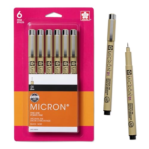 SAKURA Pigma Micron Fineliner Pens, Black, 01 Point, 0.25 mm, 6 Pack - style: Micron 01