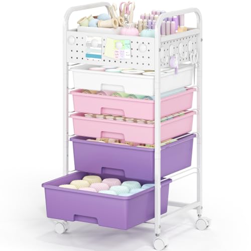 5 Drawer Rolling Storage Cart with Pegboard Top and Hooks, Dreamy Color - color: Dreamy Color, size: 5-Drawers
