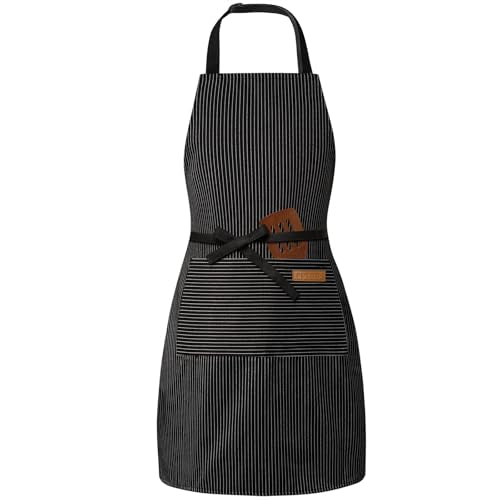 BeLuyi Adjustable Bib Apron with 2 Pockets Chef Cooking Kitchen Restaurant Aprons for Women Men - color: Black Pinstripes